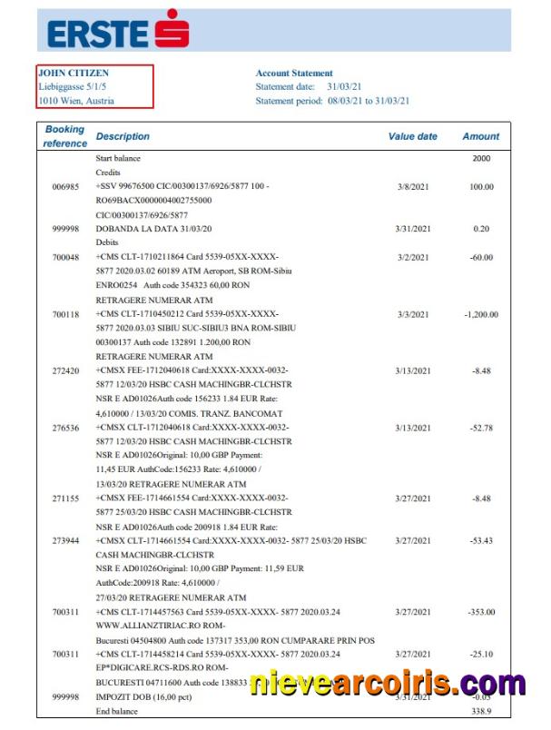 Austria Erste Group bank statement easy to fill in Excel and PDF format